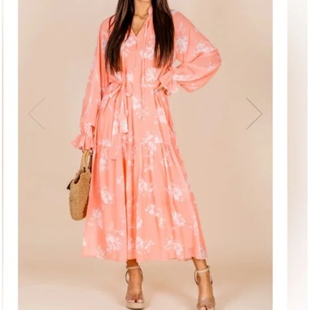 Pink Lily by Natalie Kennedy Tiered Peach Floral Midi Dress Plus Size 3XL - Picture 2 of 15